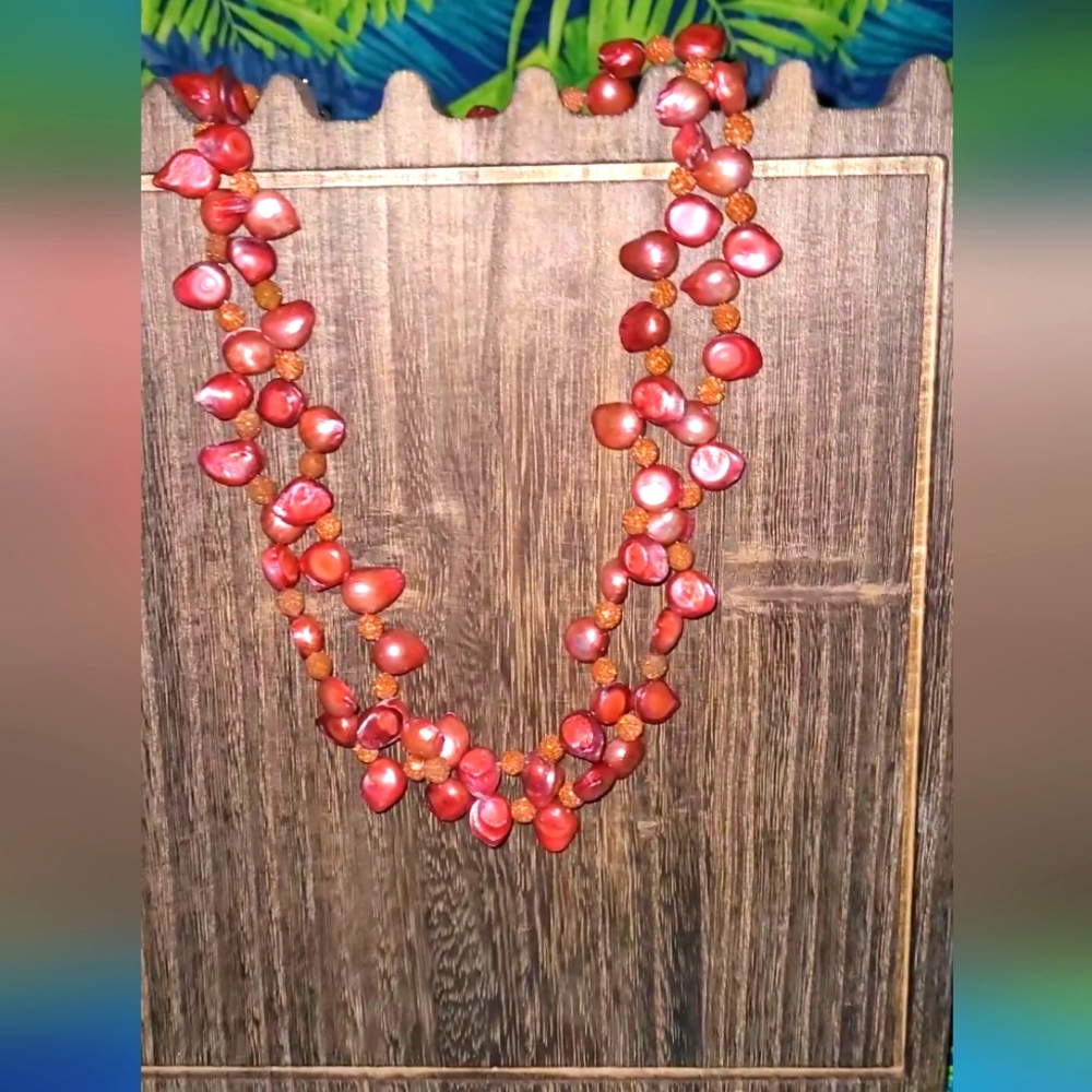 VTG HANDMADE GENUINE Baroque Pearl necklace W/GOLD SANDSTONE BEADS NECKLACE